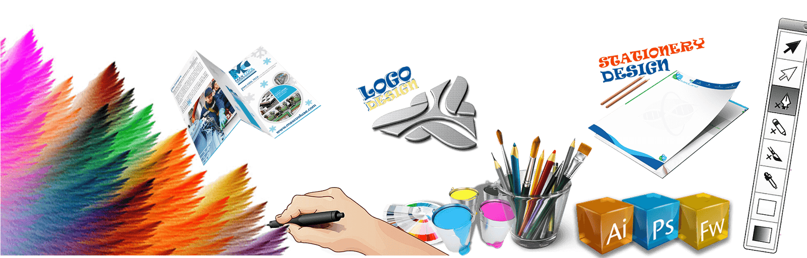 Brand identity design process showing logo concepts and colour palettes for a Nepal business